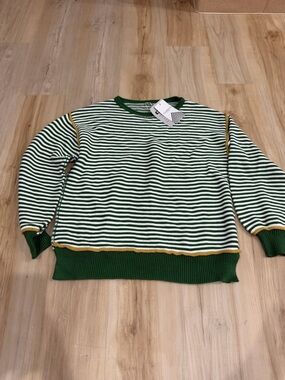 Striped Green and White Crewneck Sweater with Gold Accents